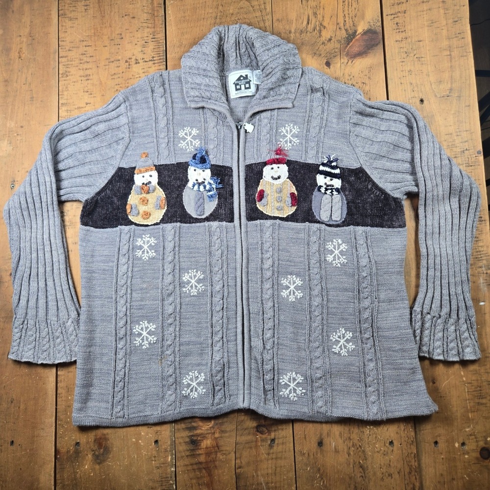 Storybook Knits Whimsical Snowmen Gray Cable Knit Zip Up Cardigan Sweater 3X